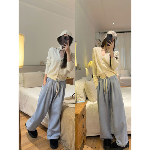 【现货2折】咖喱汤汤TGL【麂皮绒】抽绳直筒阔腿休闲裤裤子女冬