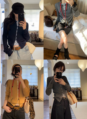 【现货4折】咖喱汤汤TGL 撞色假两件针织开衫女秋冬修身内搭毛衣