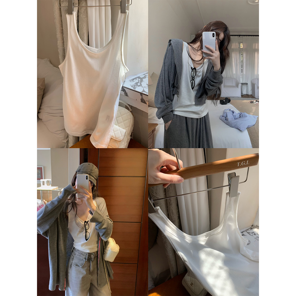 咖喱汤汤TGL【随意搭】白色薄款U领吊带背心女春韩系慵懒风打底衫