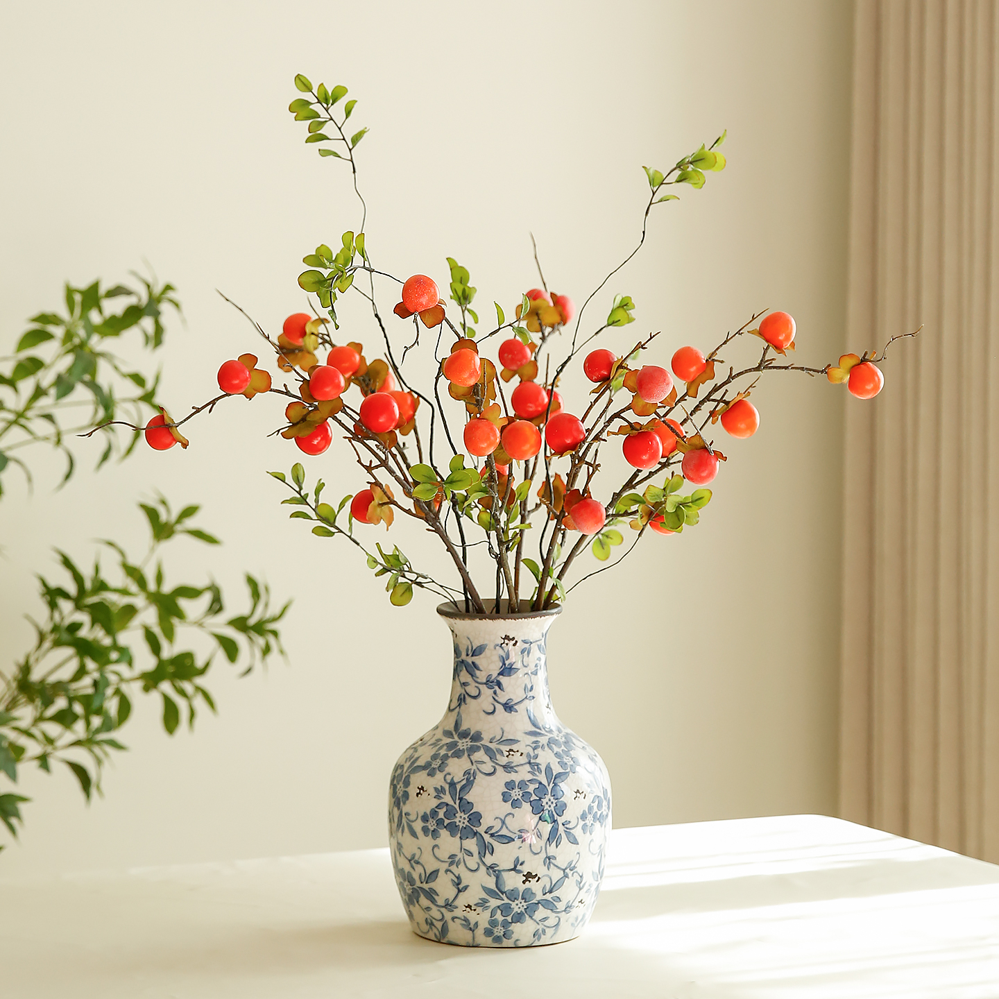 玐玖琦珥仿真花小野柿子果实树枝假花插花装饰摆件高级感逼真摆设
