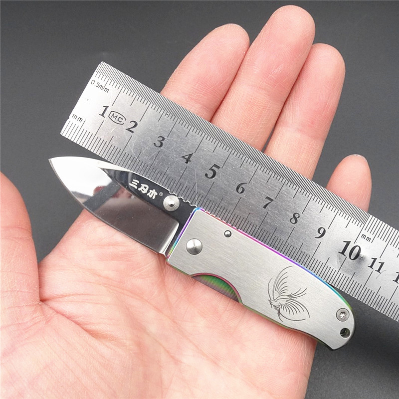 女士小刀小号纯钢折叠刀钥匙扣刀迷你锋利便携开快递刀三刃木4024