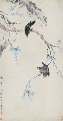 清华岩鸲鹆双栖图国画花鸟水墨画写意画艺术微喷复制画宣纸装饰画