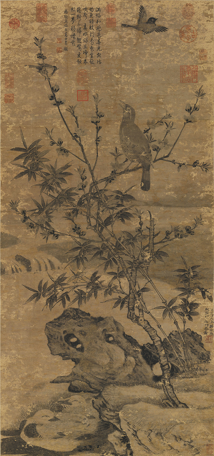 元王渊桃竹春禽图国画花鸟仿古画台北故宫名画复制品宣纸画心原大