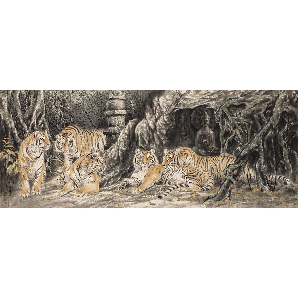 艺术微喷复制画刘普安五虎听禅图国画老虎工笔画临摹画稿装饰画