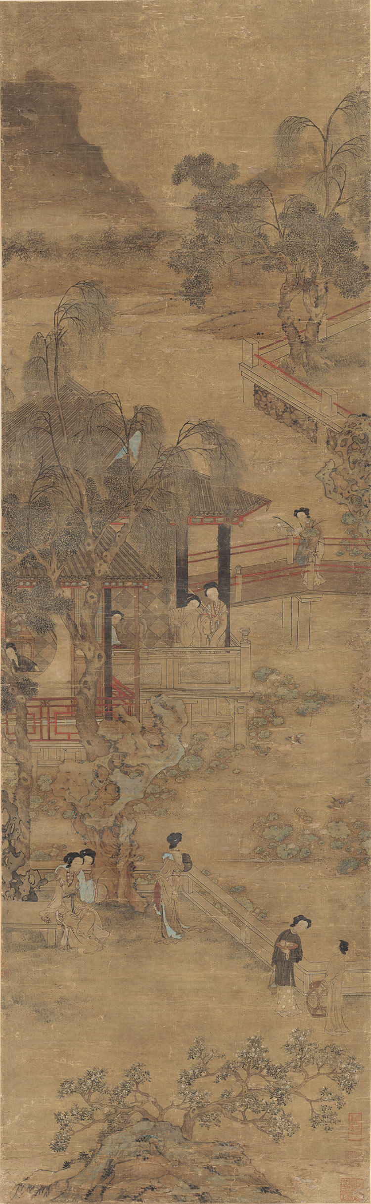 明四家仇英云游仕女图国画人物竖版真迹复制画绢画仿古画装饰画