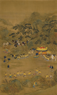 清郎世宁乾隆皇帝围猎聚餐图艺术微喷打印复制画绢画高清装饰画