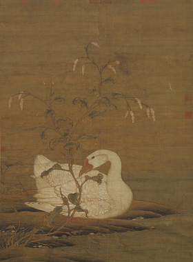 北宋赵佶红蓼白鹅图国画花鸟仿古画微喷复制画绢布画原大高清
