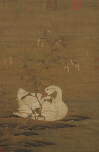 北宋赵佶红蓼白鹅图国画花鸟仿古画微喷复制画绢布画原大高清