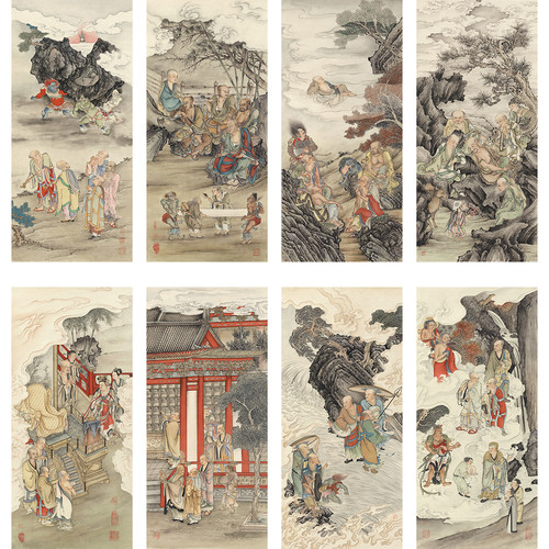 夏荆山百幅罗汉图复制品高清绢画