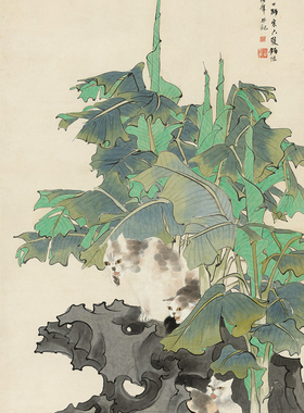 清任伯年任颐芭蕉狸猫图国画花鸟走兽艺术微喷复制画宣纸画芯