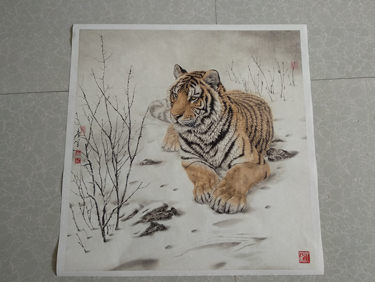 艺术微喷唐坚老虎斗方工笔画复制画