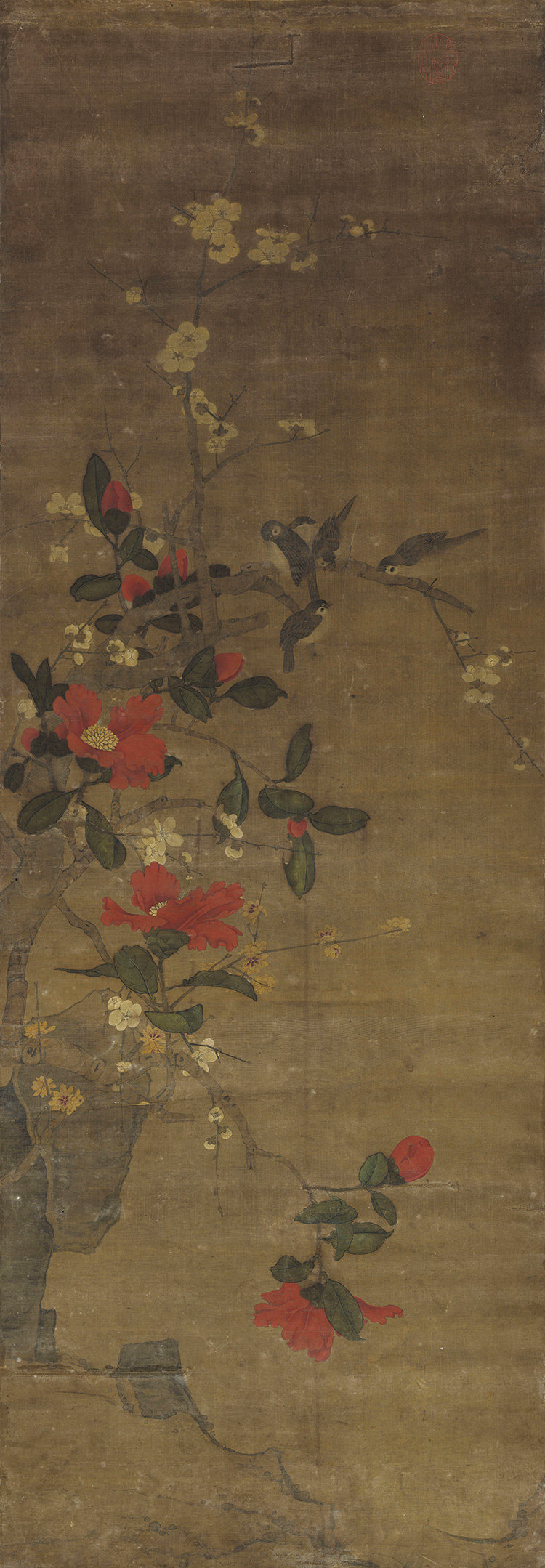 南宋佚名山茶梅花图国画花鸟仿古画微喷打印复制品字画绢布画高清