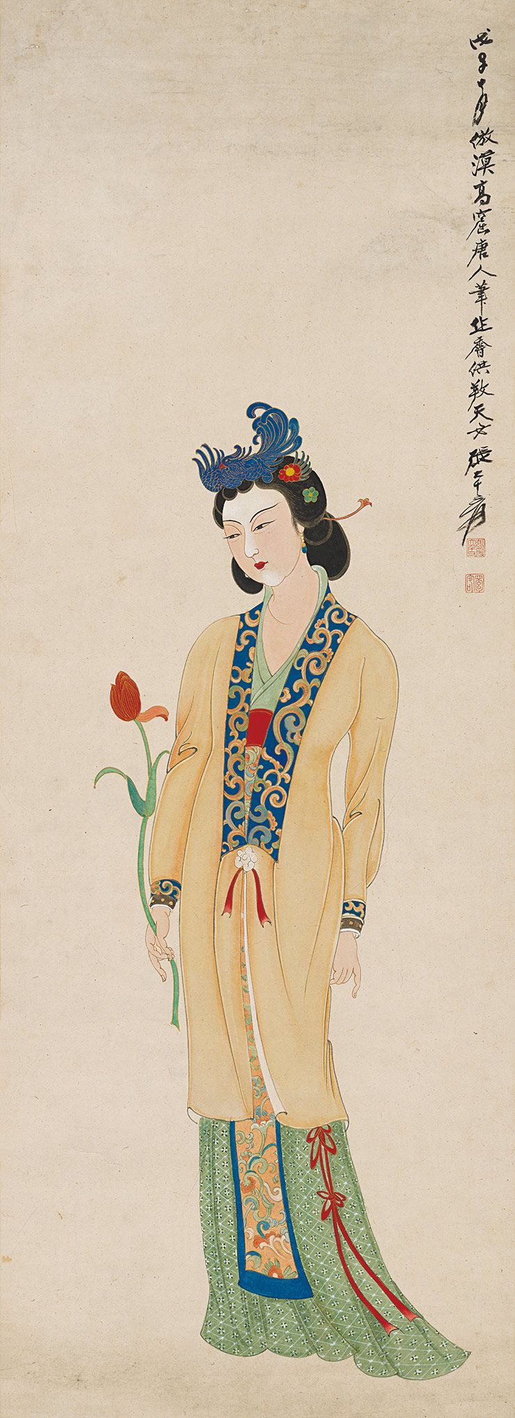 张大千国画人物竖幅仿莫高窟唐人仕女图宣纸微喷复制版画中式挂画