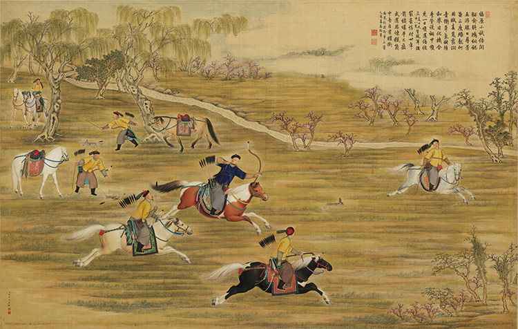 郎世宁乾隆皇帝射猎图国画仿古画复制品字画装饰画横幅画