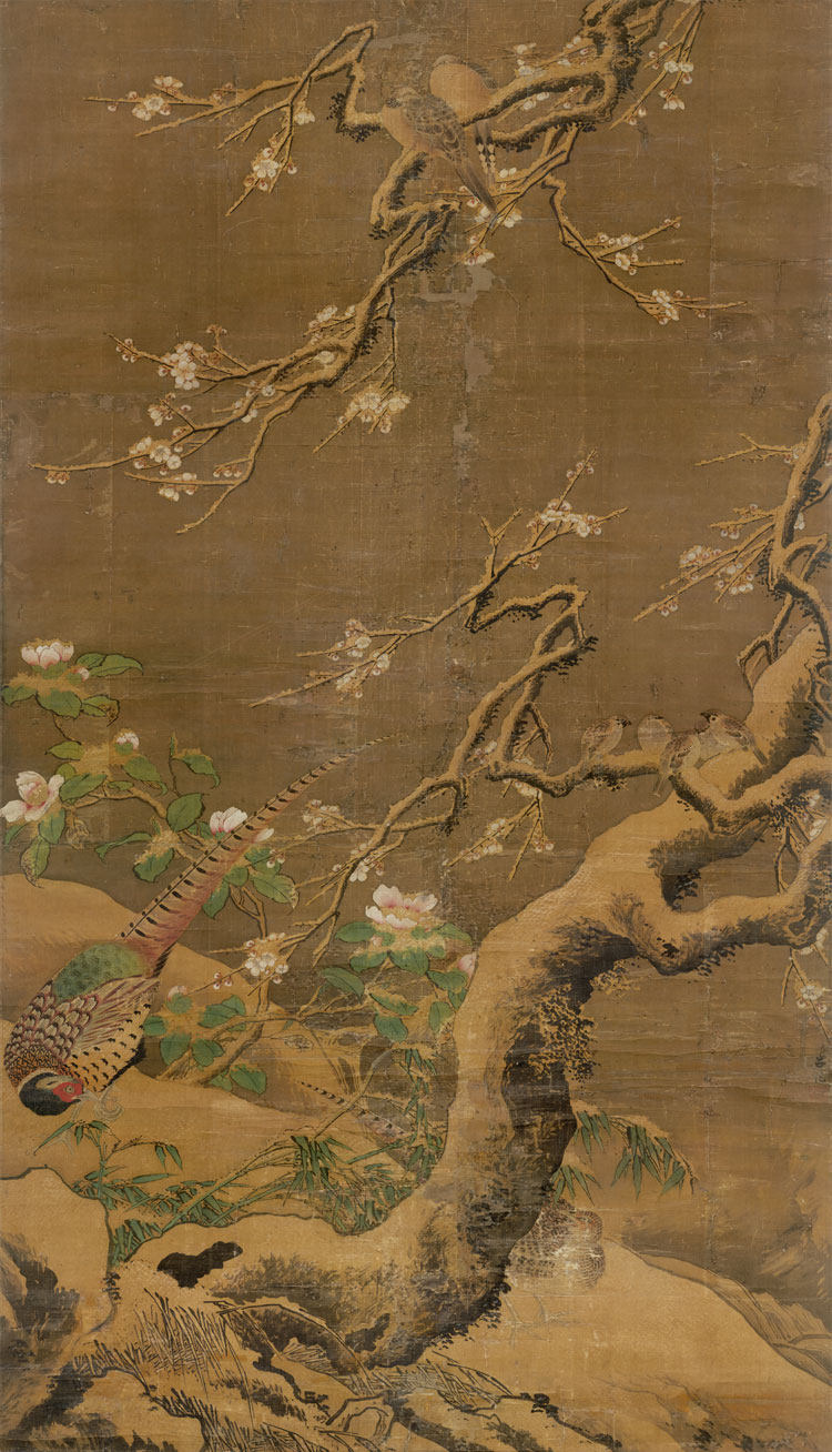 明吕纪雪梅集禽图六尺花鸟竖版国画复制画仿古画微喷打印装饰画