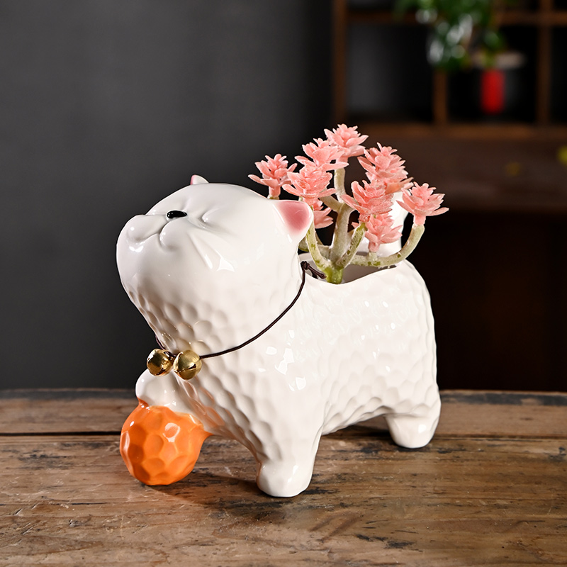 白色小猫咪创意动物多肉花盆陶瓷家用专用透气陶土粗陶盆特价清仓