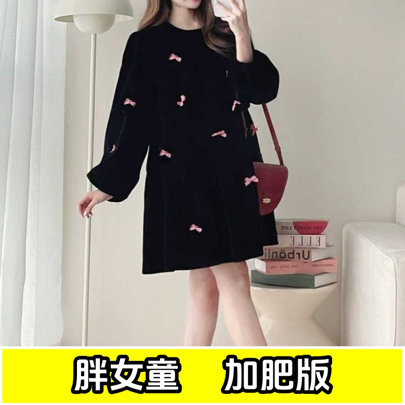 胖女童秋季新款宽松连衣裙中大童加肥加大金丝绒蝴蝶结甜美公主裙