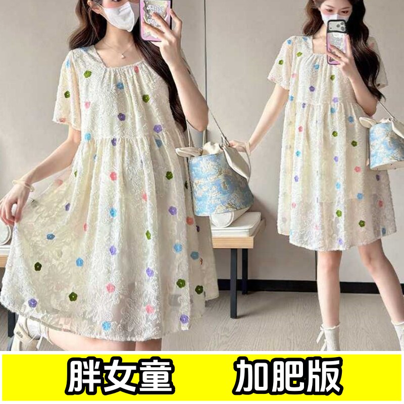 胖女童甜美连衣裙夏季加肥加大码中大童胖小孩花朵刺绣轻薄公主裙