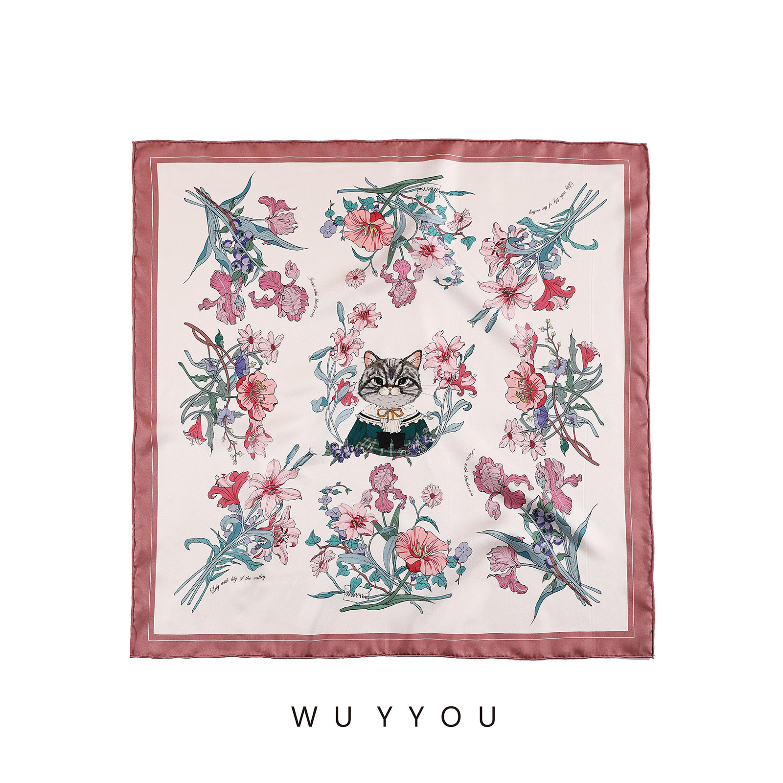 WUYYOU 原创花园派对春夏女双面印花桑蚕丝法式复古斜纹绸方巾