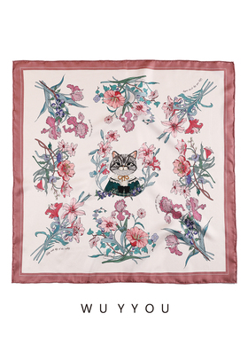 WUYYOU 原创花园派对春夏女双面印花桑蚕丝法式复古斜纹绸方巾