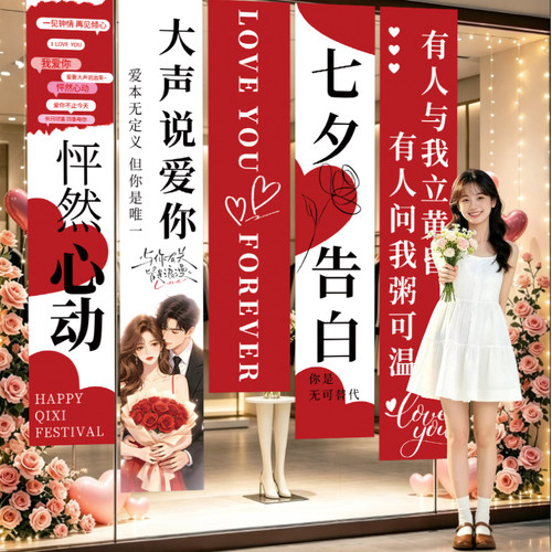 七夕氛围布置情人节场景装饰品条幅挂布商场珠宝店铺门口节日挂饰