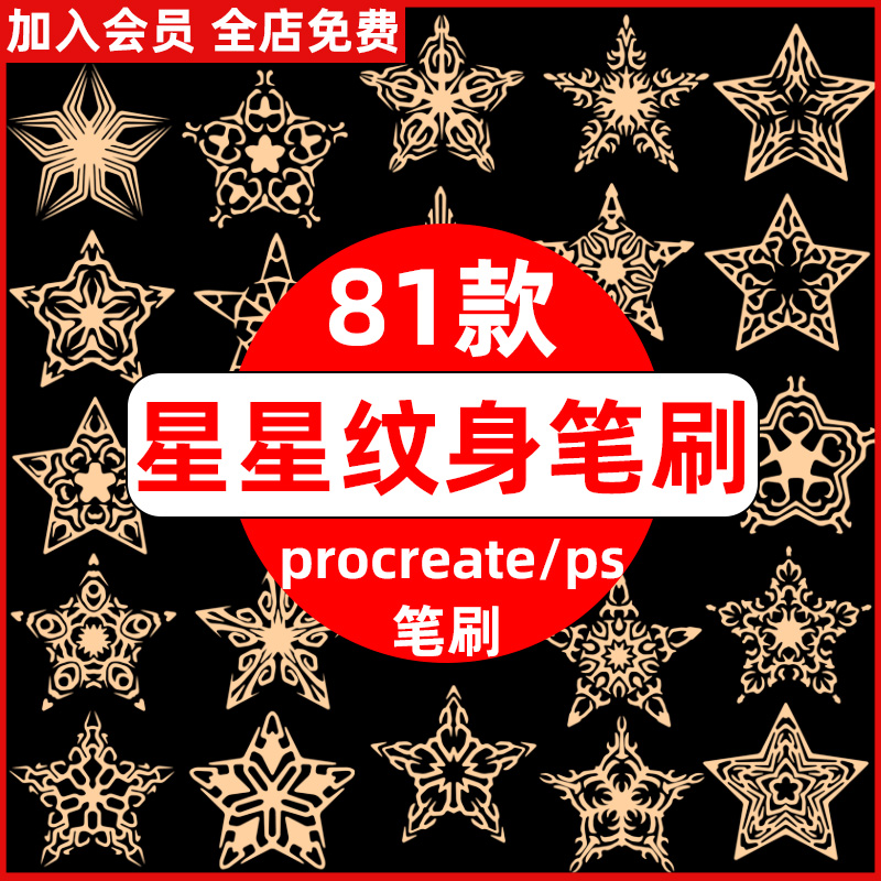 梦幻创意镂空五角星星星纹身图案装饰插画设计procreate/ps笔刷