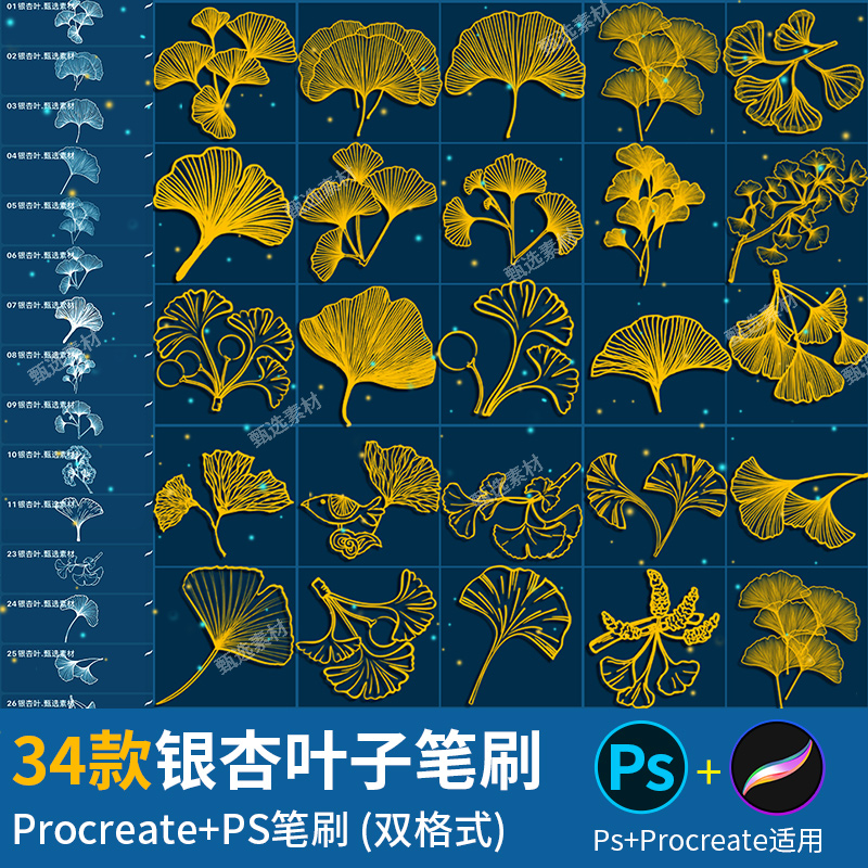 ps笔刷procreate笔刷银杏叶子植物树叶手绘线稿落叶草本装饰图案