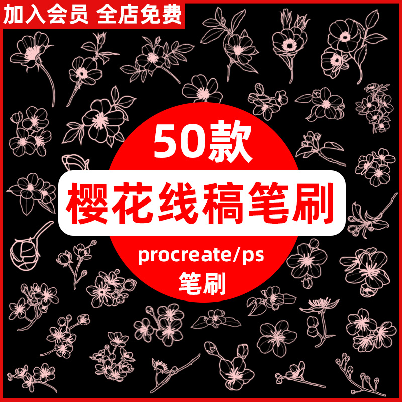 procreate笔刷手绘线稿桃花梅花花瓣花朵花卉刺青图案ps笔刷