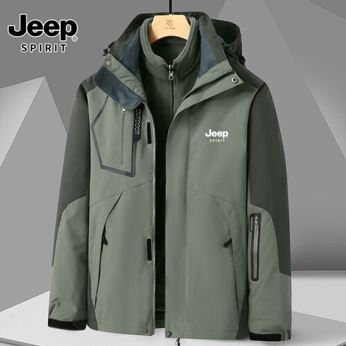 JEEP吉普冲锋衣男士三合一可拆卸防风内胆加绒加厚防风外套登山服