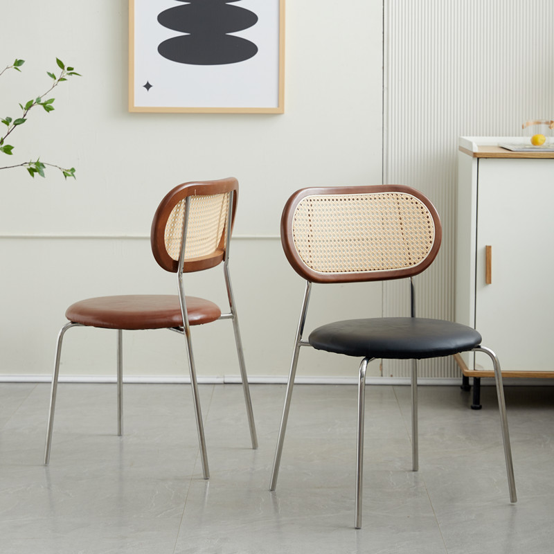 中古实木复古藤编餐椅