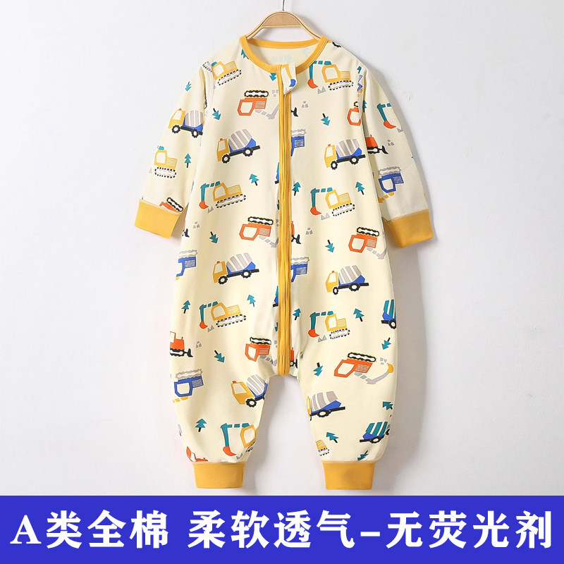 男童连体睡衣纯棉宝宝工程车挖土机睡袋春秋婴幼儿童搅拌车防踢被