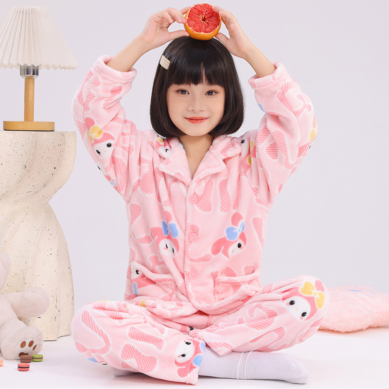 秋冬季儿童法兰绒睡衣加厚女童玉桂狗小兔子美乐蒂家居服宝宝衣服