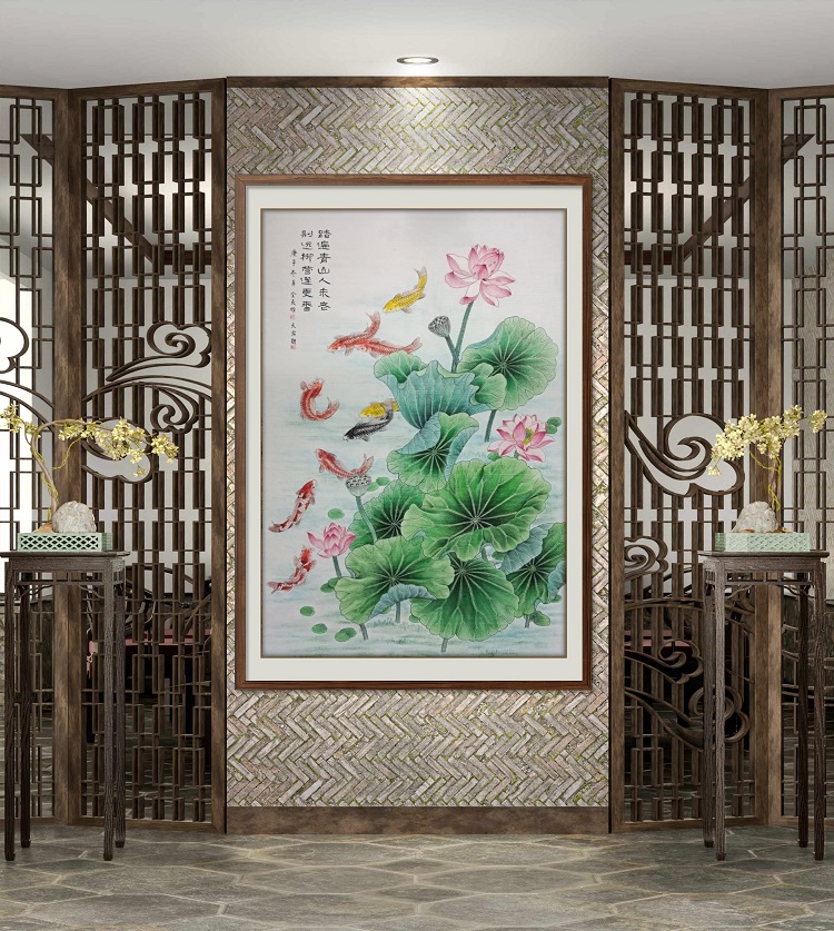 原创纯手绘荷花九鱼图中式入户玄关背景墙装饰画艺术壁挂毯画定制图片
