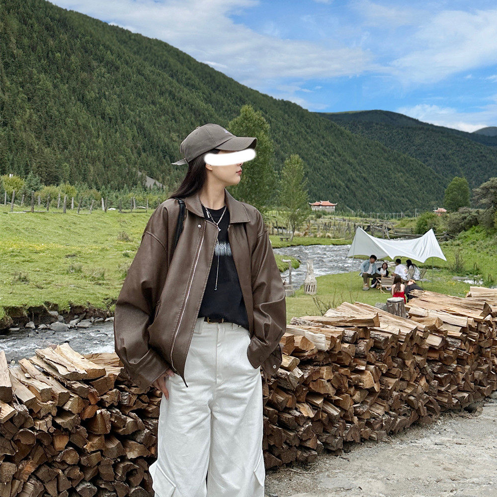 皮衣女外套2023新款秋冬季复古棕色夹克机车美拉德加绒男女同款