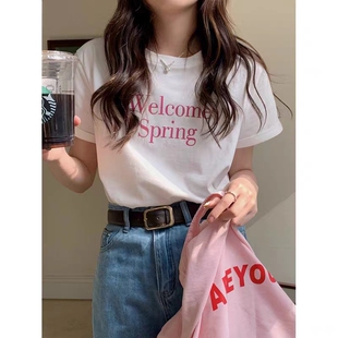 韩系字母纯棉印花正肩显瘦短袖T恤女夏季设计感小众款式上衣