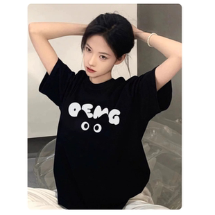美式复古黑色纯棉短袖T恤女大码胖mm宽松潮牌设计感小众半袖上衣