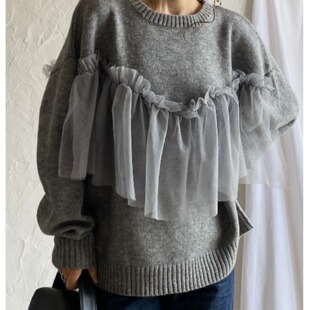 秋冬减龄复古小众设计重工网纱拼接拼接假两件针织毛衣白领上衣女