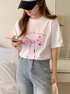 T恤女宽松休闲上衣 小众设计蝴蝶结字母印花短袖 新款 2024韩国夏季
