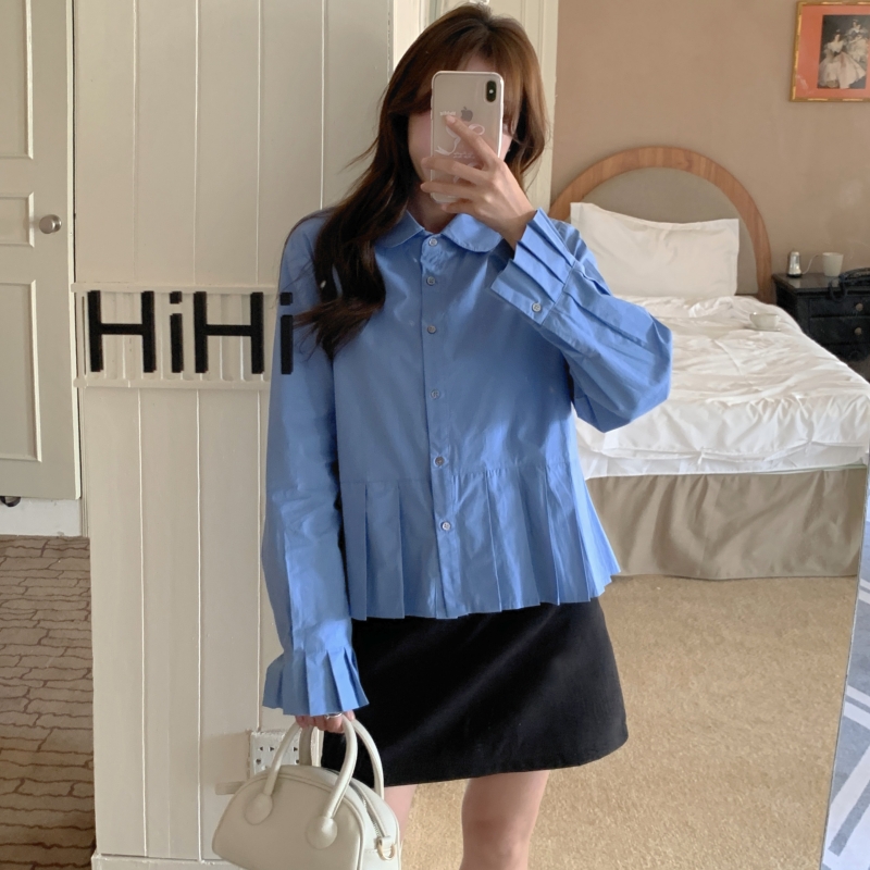 日韩系甜美褶皱花边娃娃衫纯色显瘦穿搭通勤减龄时尚小众设计衬衫