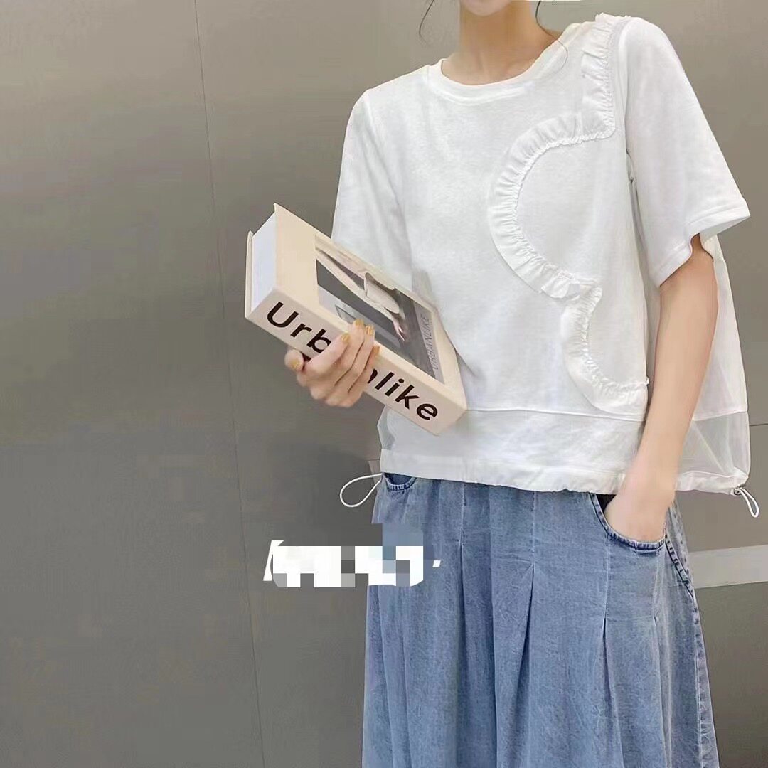 2023夏季新款韩版荷叶边拼接短袖T恤宽松休闲显瘦女装上衣