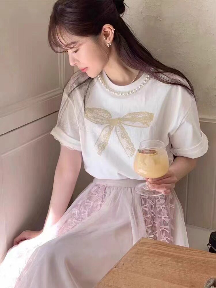 韩国东大门2024春夏新款珍珠圆领蝴蝶结印花蕾丝边短袖T恤女上衣