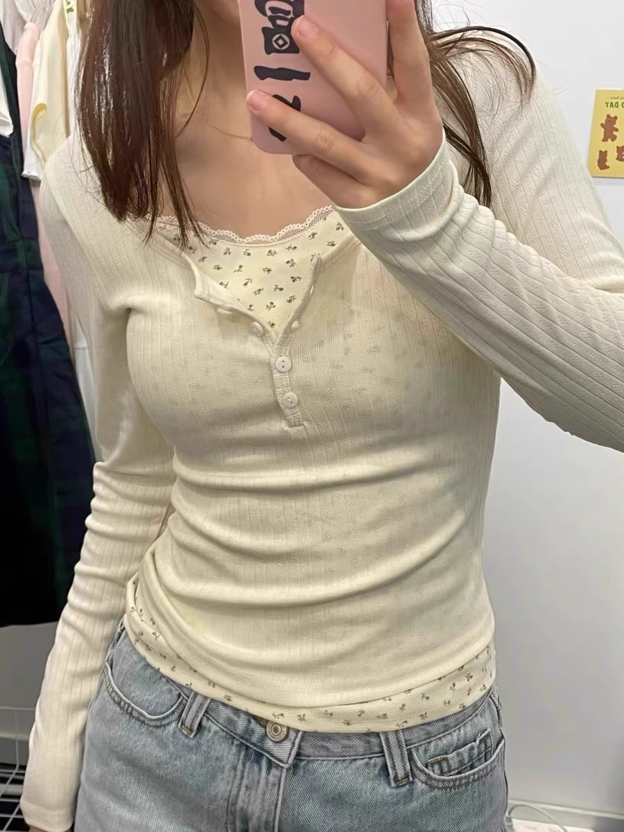 BM假两件碎花长袖T恤官网纯欲风蕾丝内搭上衣性感百搭女士打底衫