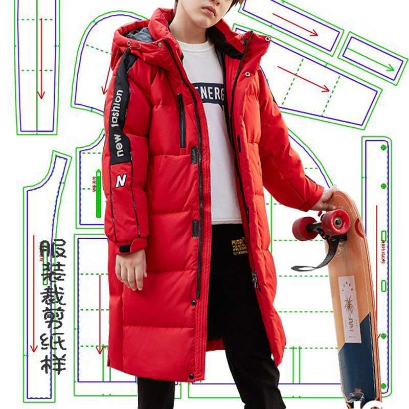 冬季新品男童中长款羽绒服纸样版裁剪图纸儿童装棉衣外套裁衣模板