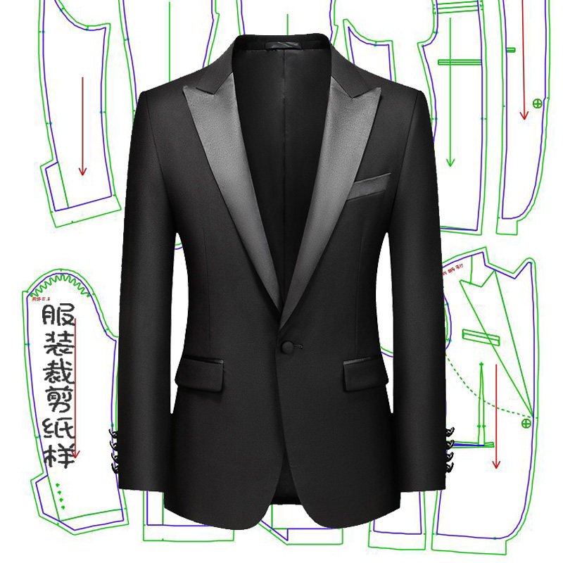西装男外套宴会礼服司仪主持人青果领纸样板裁剪图纸绅士西服模板