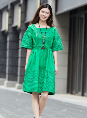 棉麻连衣裙女夏薄款2025新款洋气高端绿色宽松大码收腰显瘦中长裙