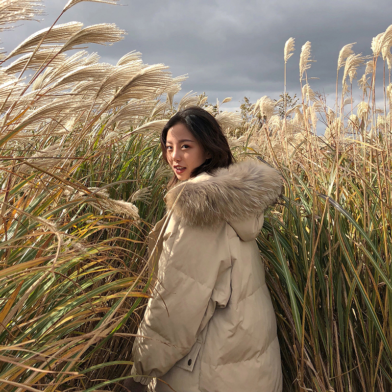 真毛领羽绒棉服女中长款宽松外套