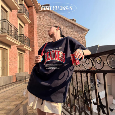 正品现货FISHYU夏季新款美式复古字母滴浆印花背烫图圆领短袖t恤
