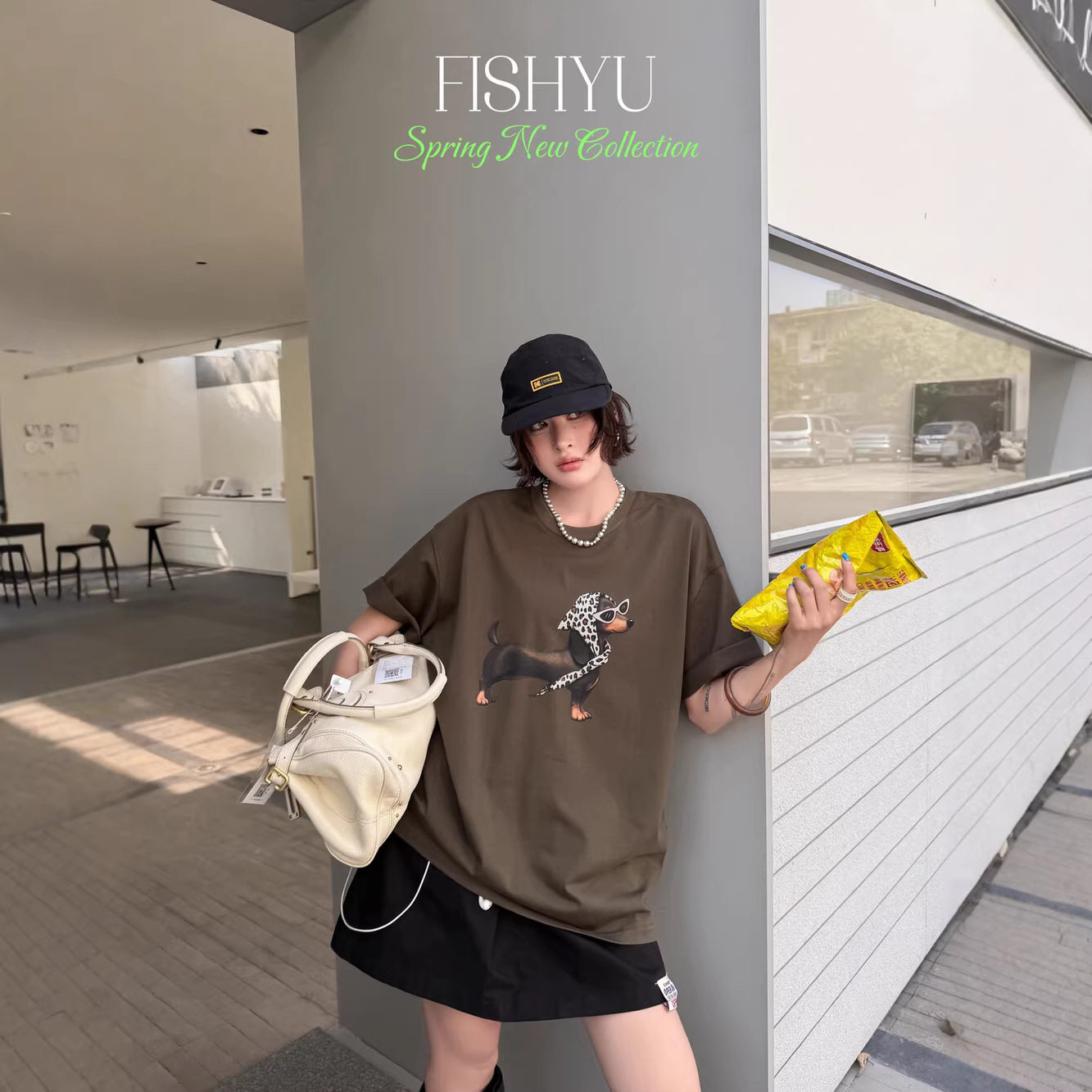 正品现货FISHYU夏季新款美式复古豹纹头巾腊肠狗印花宽松短袖t恤