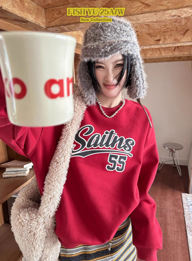 正品现货FISHYU冬季新款美式复古前发泡字母后贴布印花加绒卫衣女