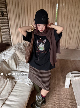 现货FISHYU早秋新款韩版卡通猫咪立体毛织帽子磨毛短袖t恤女